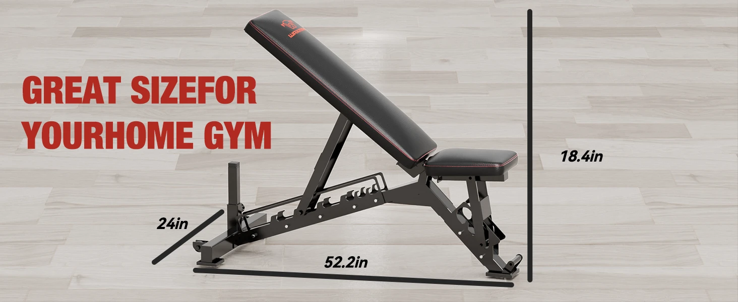 Official product graphic showing the black Waxman adjustable weight bench and its listed dimensions
