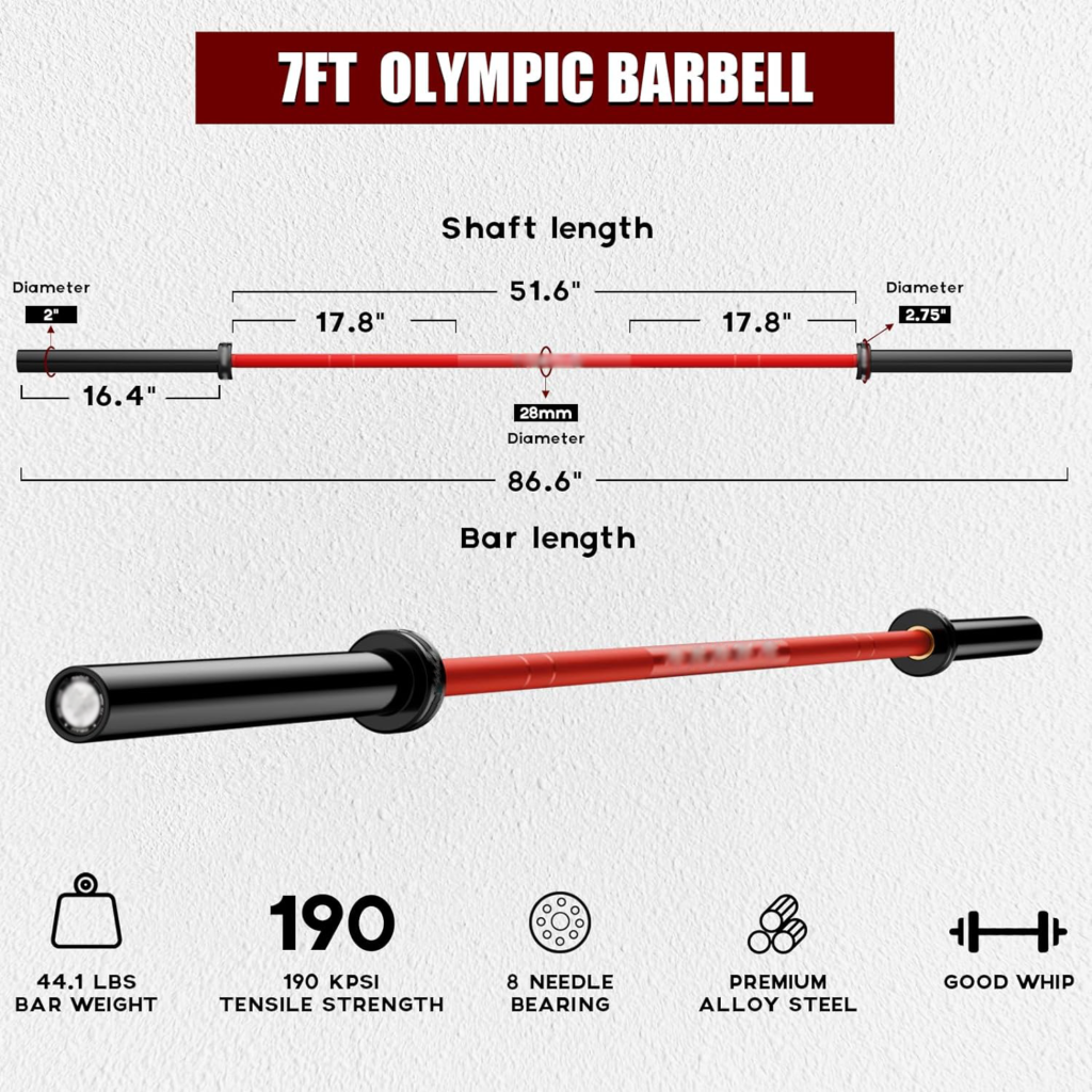 Waxman 7-foot Olympic barbell product image and dimension graphic