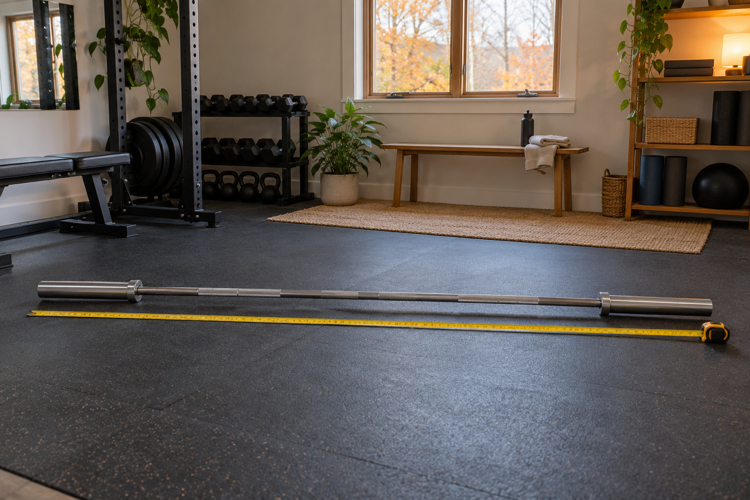 AI-generated illustration of a home gym where a tape measure is used to plan space for a barbell; not a product photo or safety test.