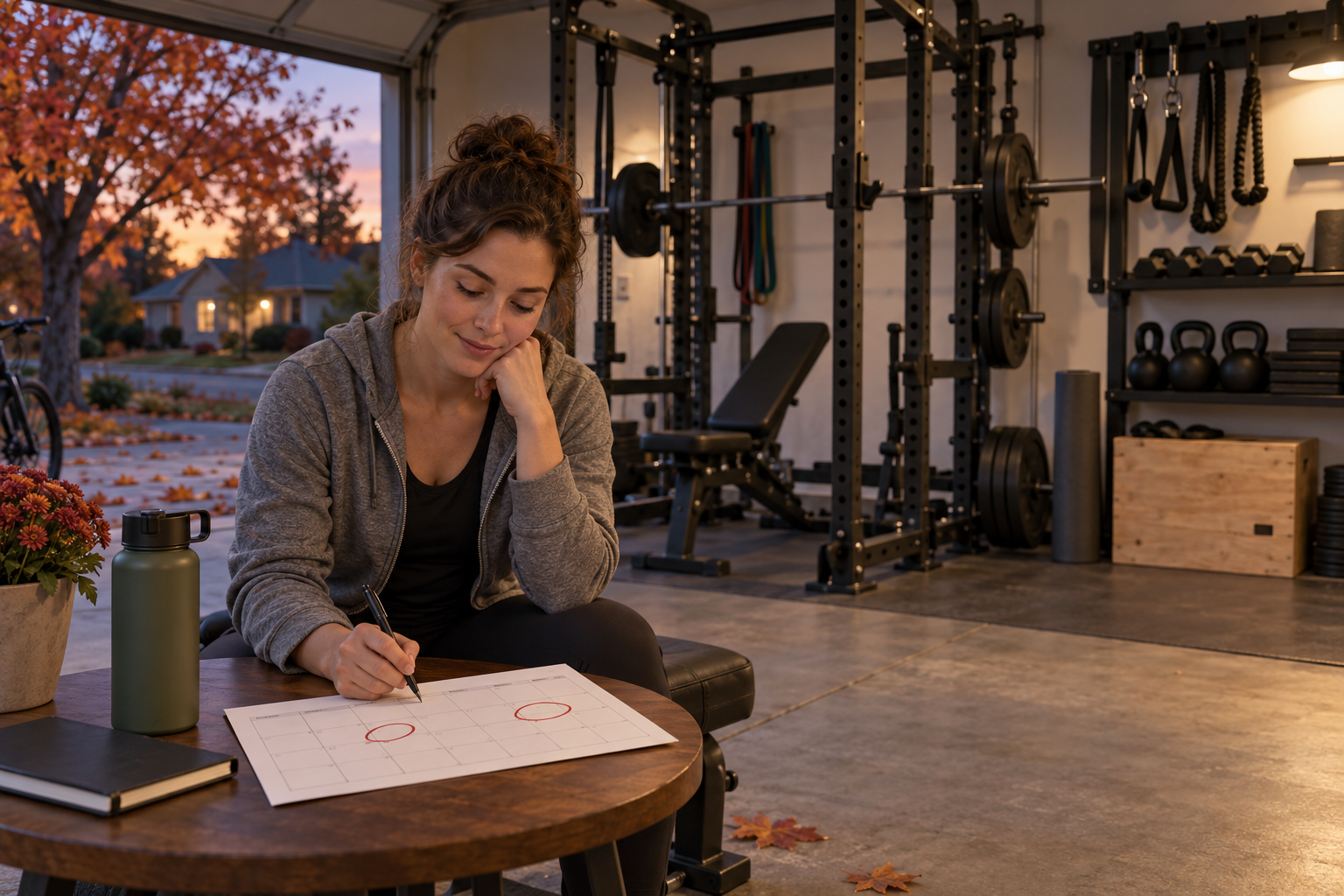 AI-generated illustration of a person planning two weekly strength sessions in a fall home gym; not a product photograph or workout test.