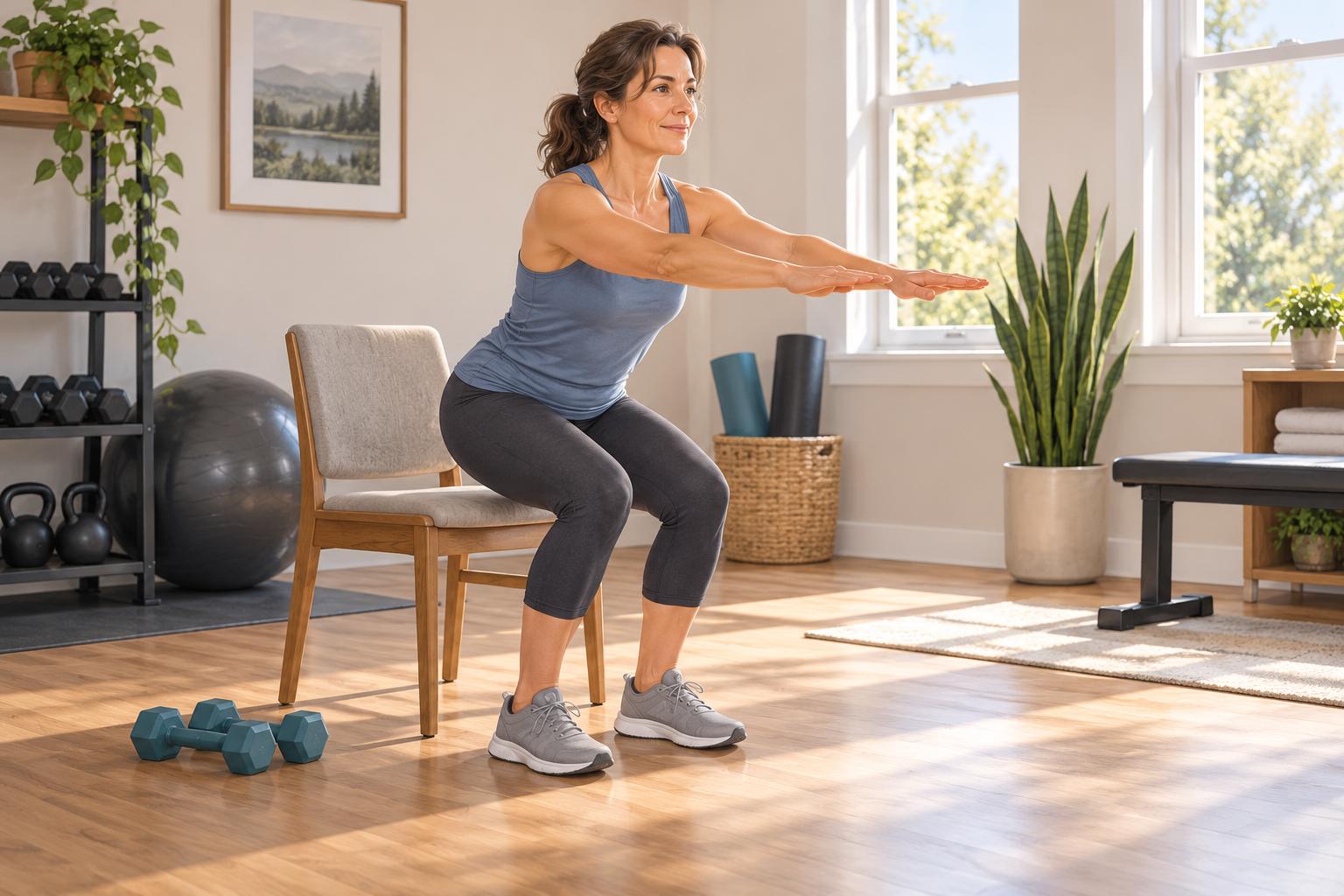 AI-generated illustration of an adult easing back into strength training with a controlled chair sit-to-stand.