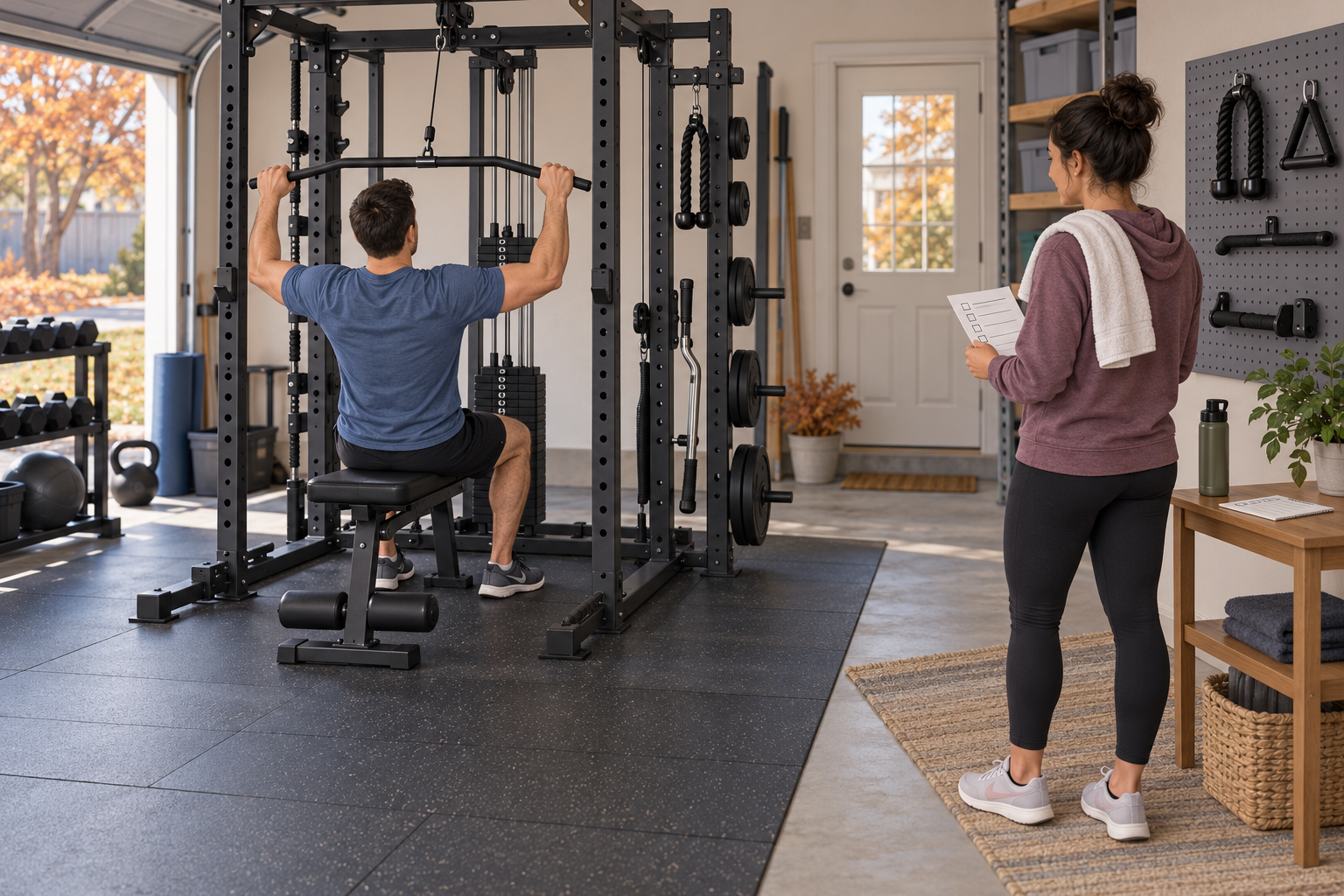 AI-generated illustration of one adult using a generic strength machine while another waits outside the operating area; not a product photograph or safety test.